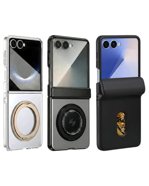 Three FoldifyCase Galaxy Z Flip cases side by side: Axon F1 with a gold swivel ring, Axon F2 with a magnetic ring and Commuter L1 with a rear card slot