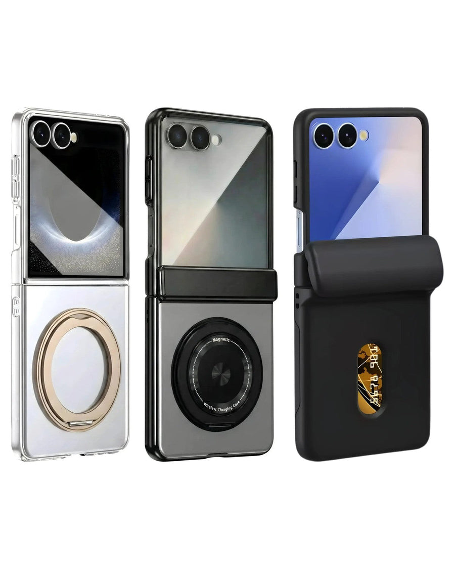 Three FoldifyCase Galaxy Z Flip cases side by side: Axon F1 with a gold swivel ring, Axon F2 with a magnetic ring and Commuter L1 with a rear card slot