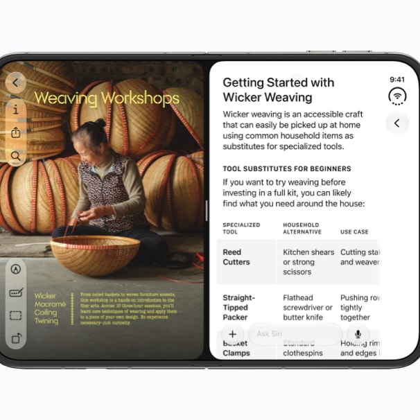Apple iPhone Duo open, running two apps side by side on the 7.6-inch inner display, official Apple product image