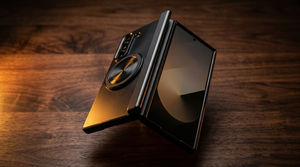Samsung Galaxy Z Fold half-open in a black hinge cover case on a dark walnut surface, lit by dramatic warm amber rim light along the hinge spine