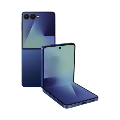 Blue foldable smartphone with dual rear cameras, shown open and closed with reflective screen