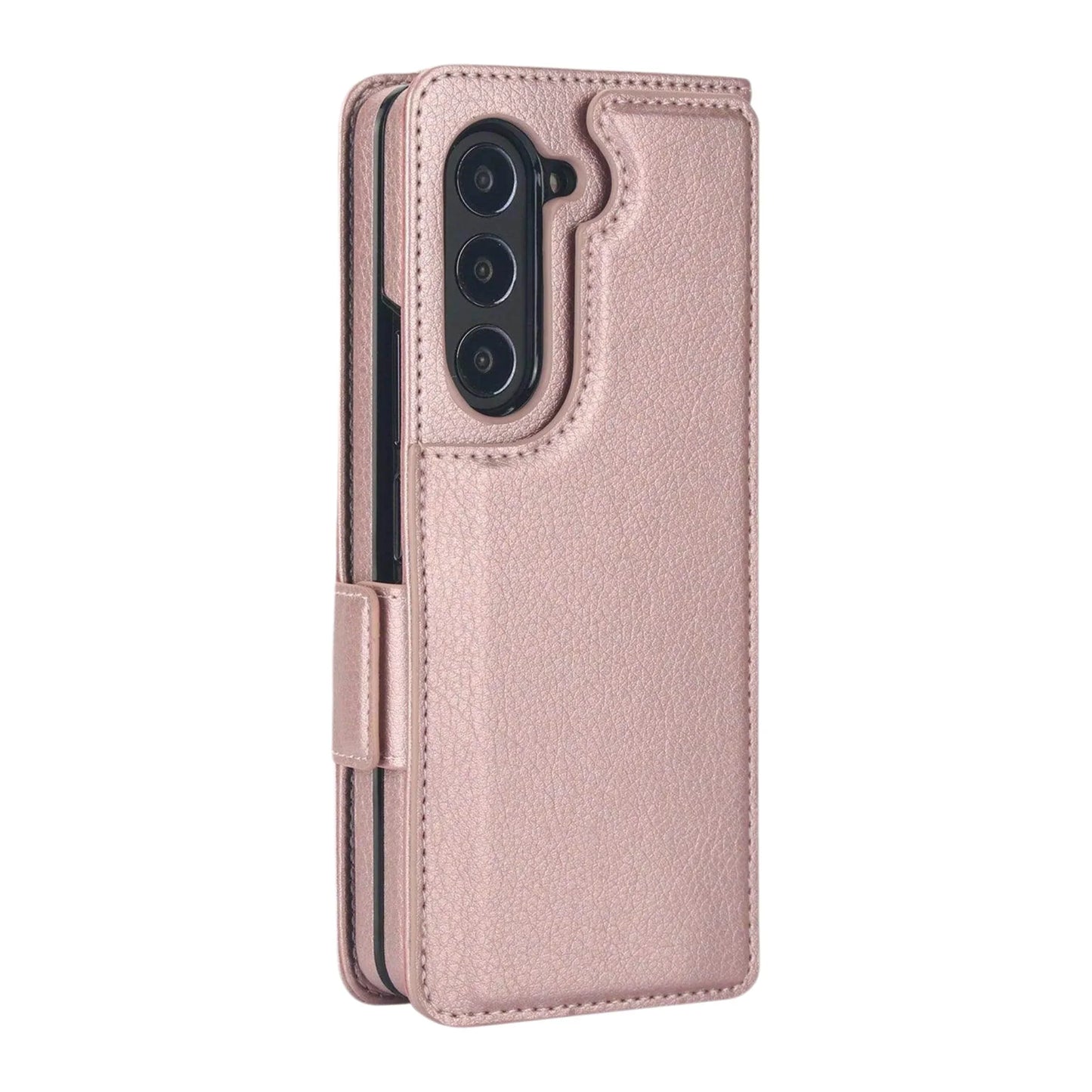 Rose gold phone case with card slots on a white background