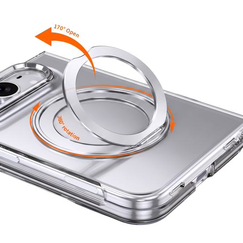 Axon M1 iPhone Duo case 360 degree swivel bracket feature - silver ring stand and silver camera bezel, 170 degree open, 360 degree rotation