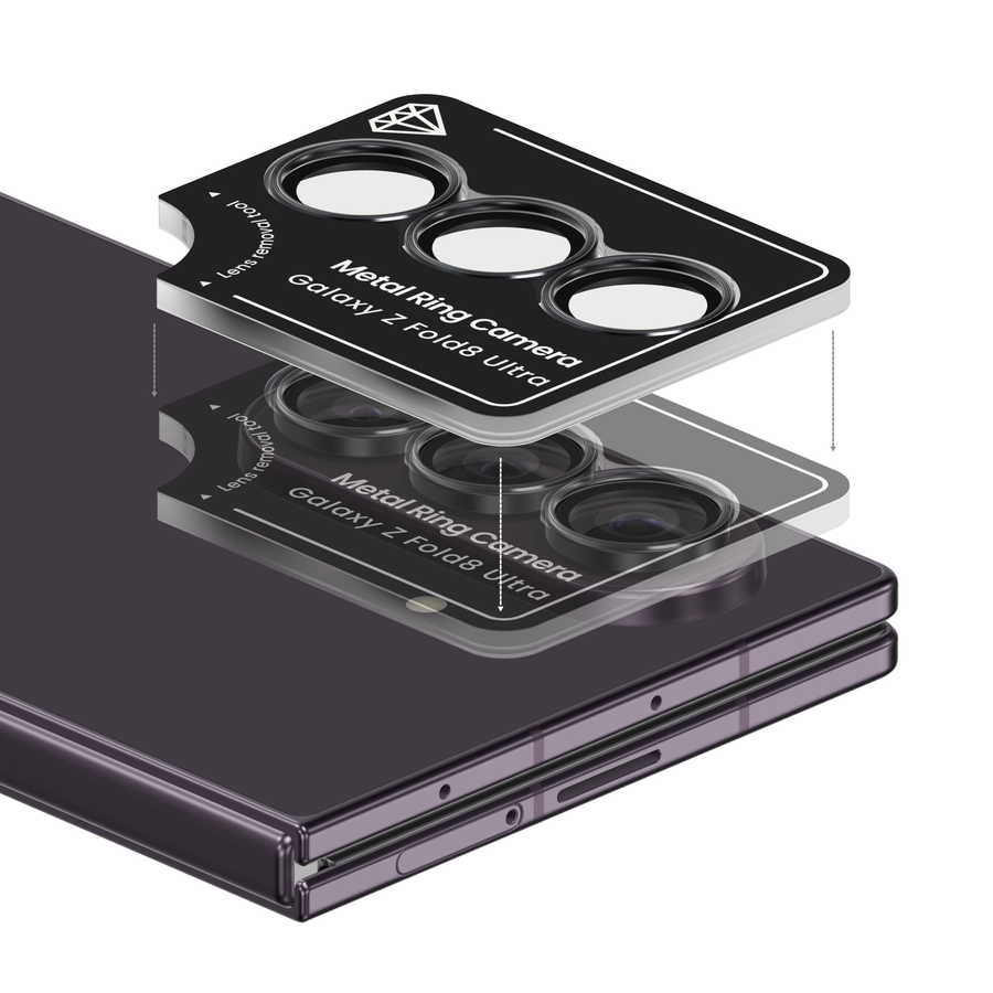Black aviation aluminium camera lens protector for Galaxy Z Fold 8 Ultra in its install frame, floating above a Violet Shadow Galaxy Z Fold8 Ultra camera so each ring lines up with its lens