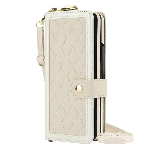 Quilted beige phone case with strap on a white background