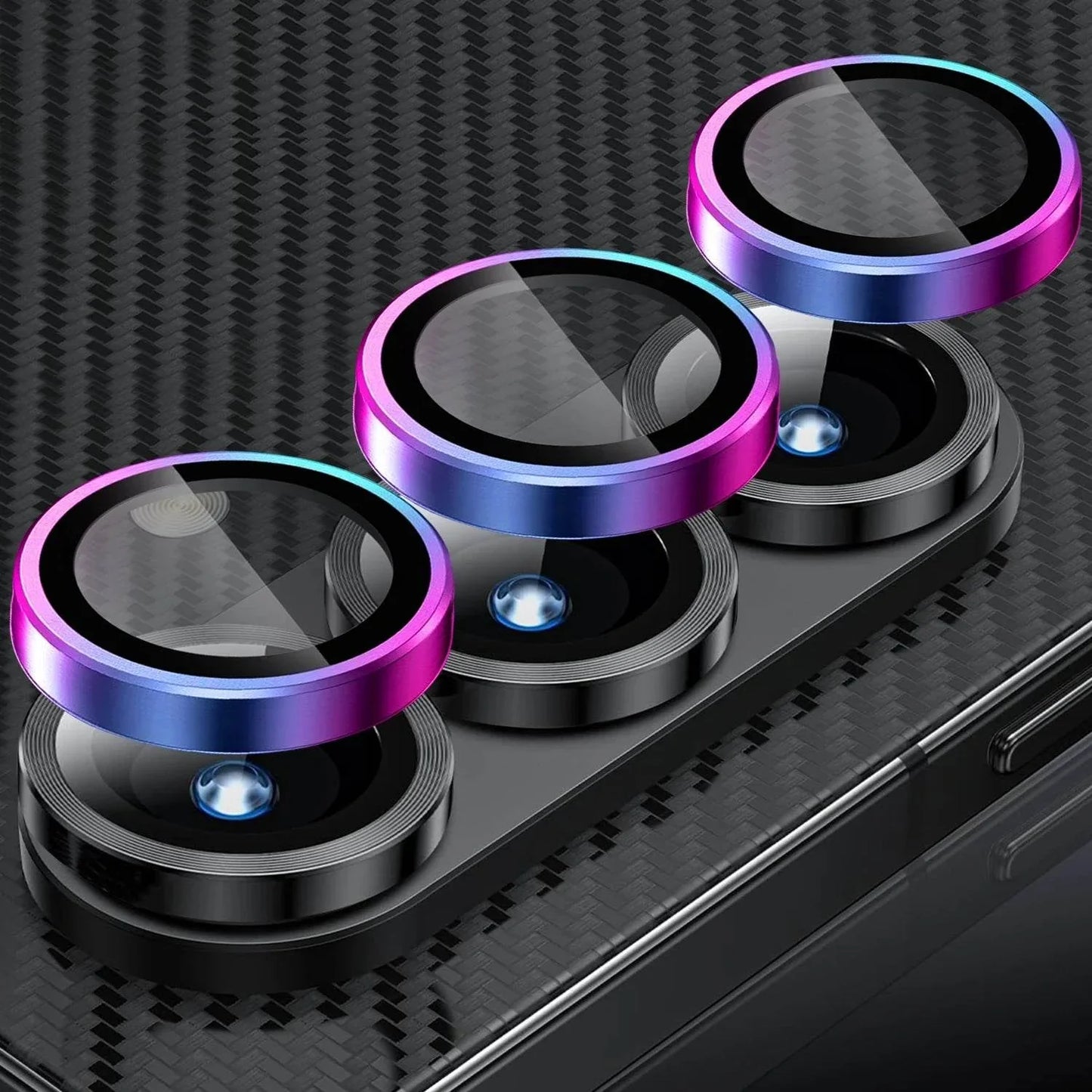 Triple lens camera module with rainbow-colored protective glass covers on a carbon fiber textured smartphone