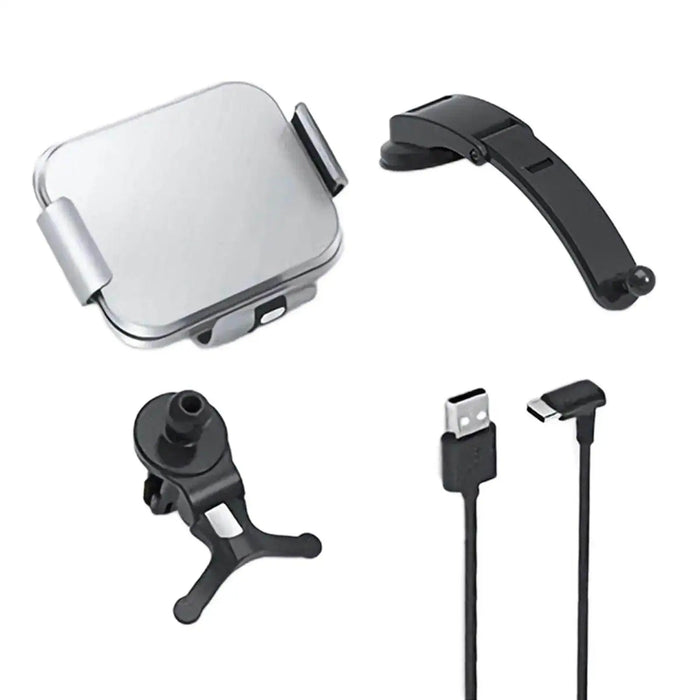 Foldable phone holder set with charging cable, car mount, and stand on white background.