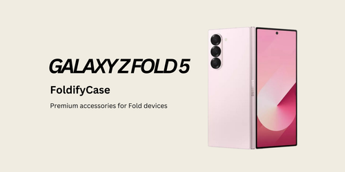 Samsung Galaxy Z Fold5 phone with a pink screen on a beige background, featuring 'FoldifyCase' branding.