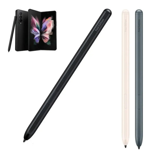 Samsung Galaxy Z Fold smartphone with three Fold Edition stylus pens in black, white, and gray colors