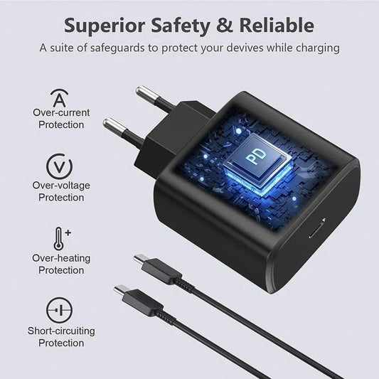 Black PD USB charger with safety features like over-current, over-voltage, over-heating, and short-circuit protection