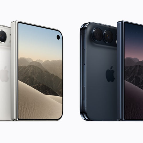 Apple iPhone Duo foldable in Star White and Night Sky, shown open and closed, official Apple product image