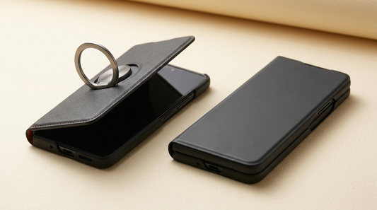 Two Galaxy Z Fold cases side by side, one with a 360-degree ring stand and one ultra-slim — Halo M1 versus Apex M1