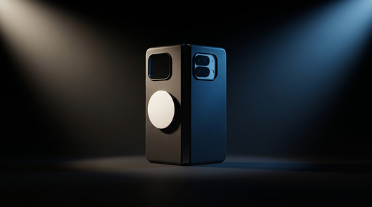 FoldifyCase Apex L3 case dead-centre on a dark charcoal stage with split warm-and-cool dual spotlights — head-to-head editorial showdown hero for the Galaxy Z Fold 8 vs Oppo Find N6 case designer’s diff