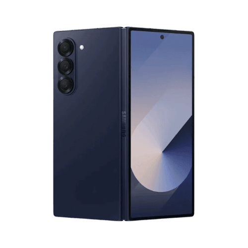 Samsung Galaxy Z Fold 4 foldable smartphone in navy blue showing front display and rear triple camera
