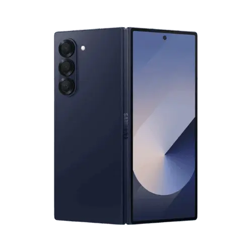 Samsung Galaxy Z Fold 4 foldable smartphone in navy blue showing front display and rear triple camera