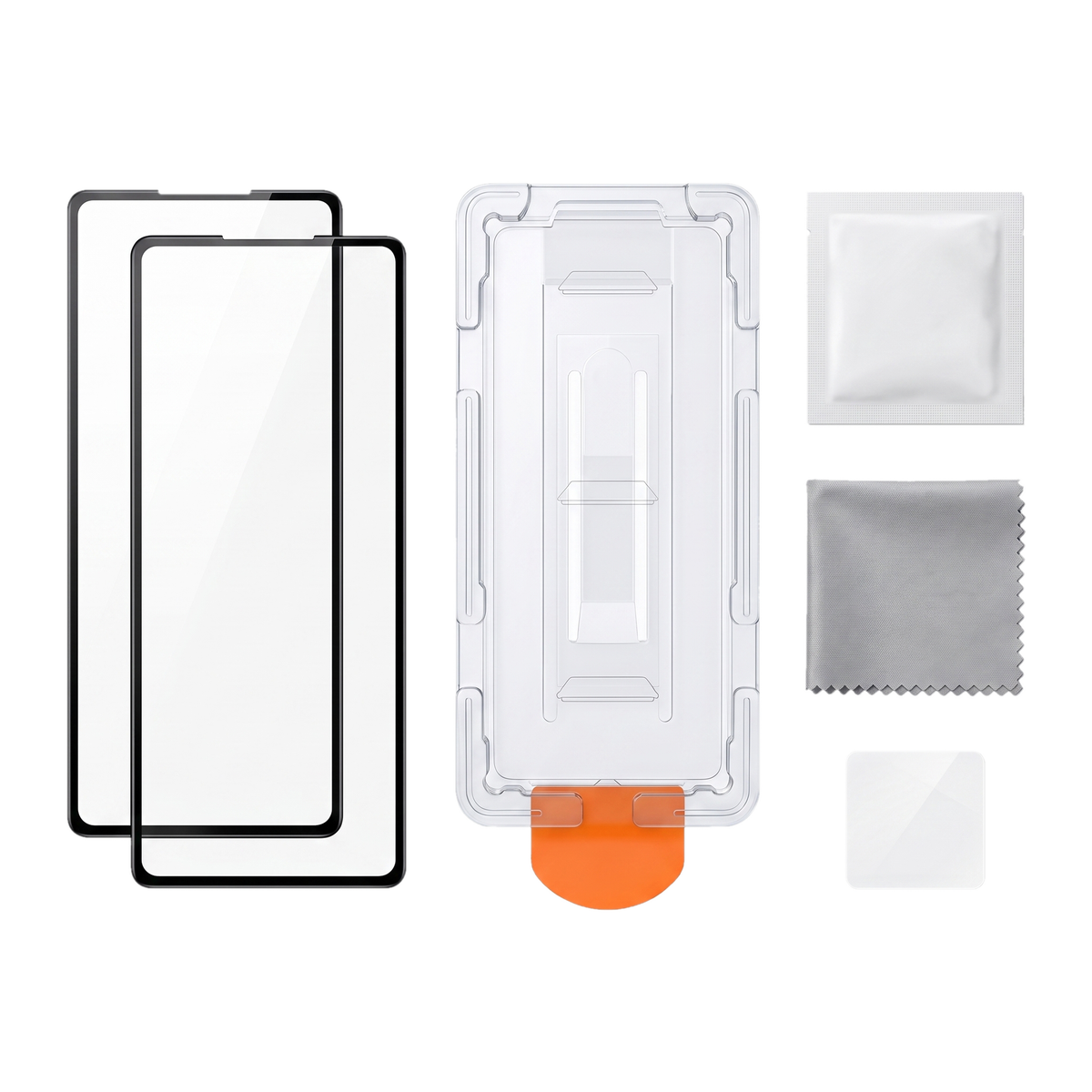 Ion Glass 2-Pack for Galaxy Z Fold - what's in the box: two tempered glass screen protectors, dust-free applicator tray, alcohol wipe, microfibre cloth and dust removal sticker