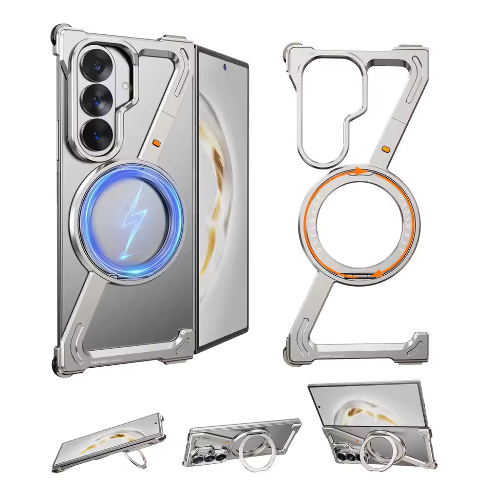 Silver phone case with unique design elements on a white background