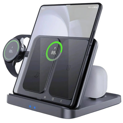 FoldifyCase Foldable 3-in-1 Wireless Charging Station with phone earbuds and watch charging pads compact folded profile