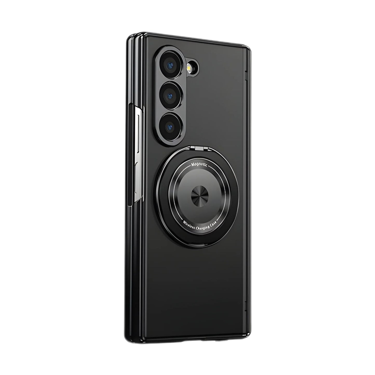 Black phone case with camera module on a white background