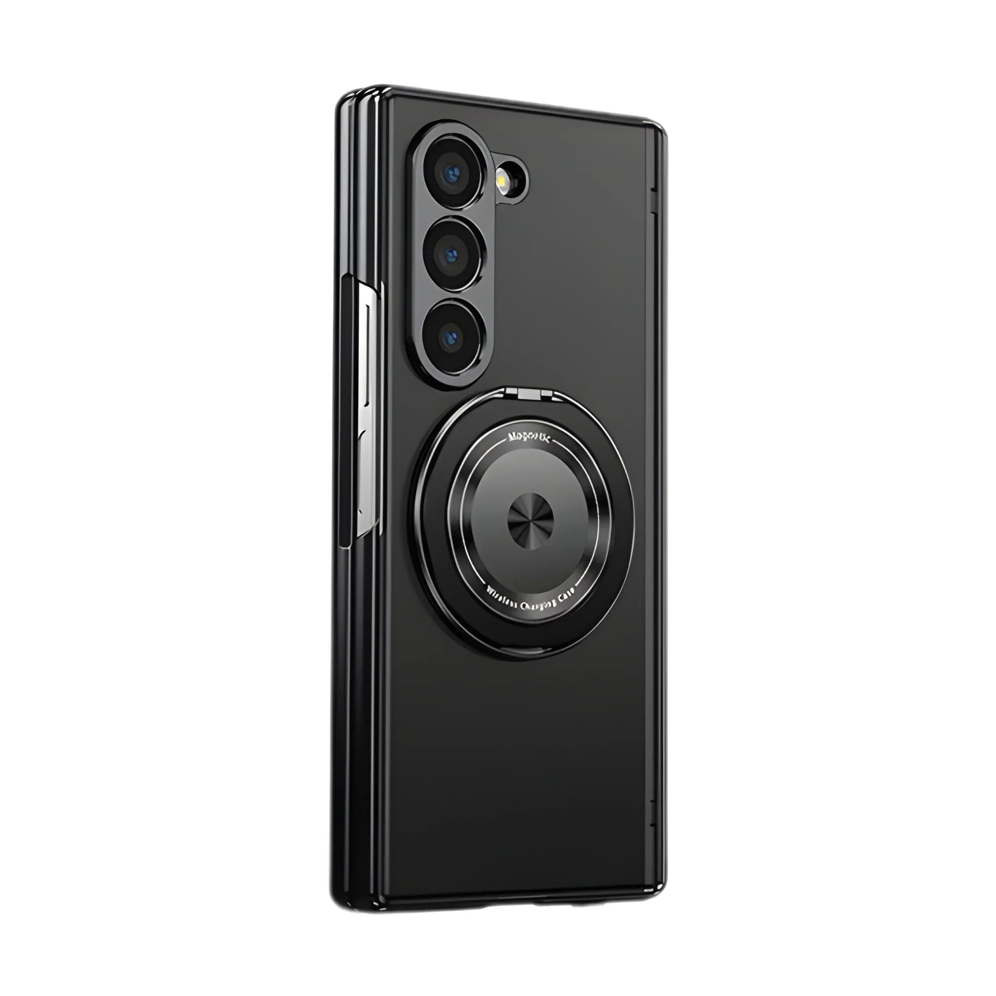 Black phone case with camera module on a white background