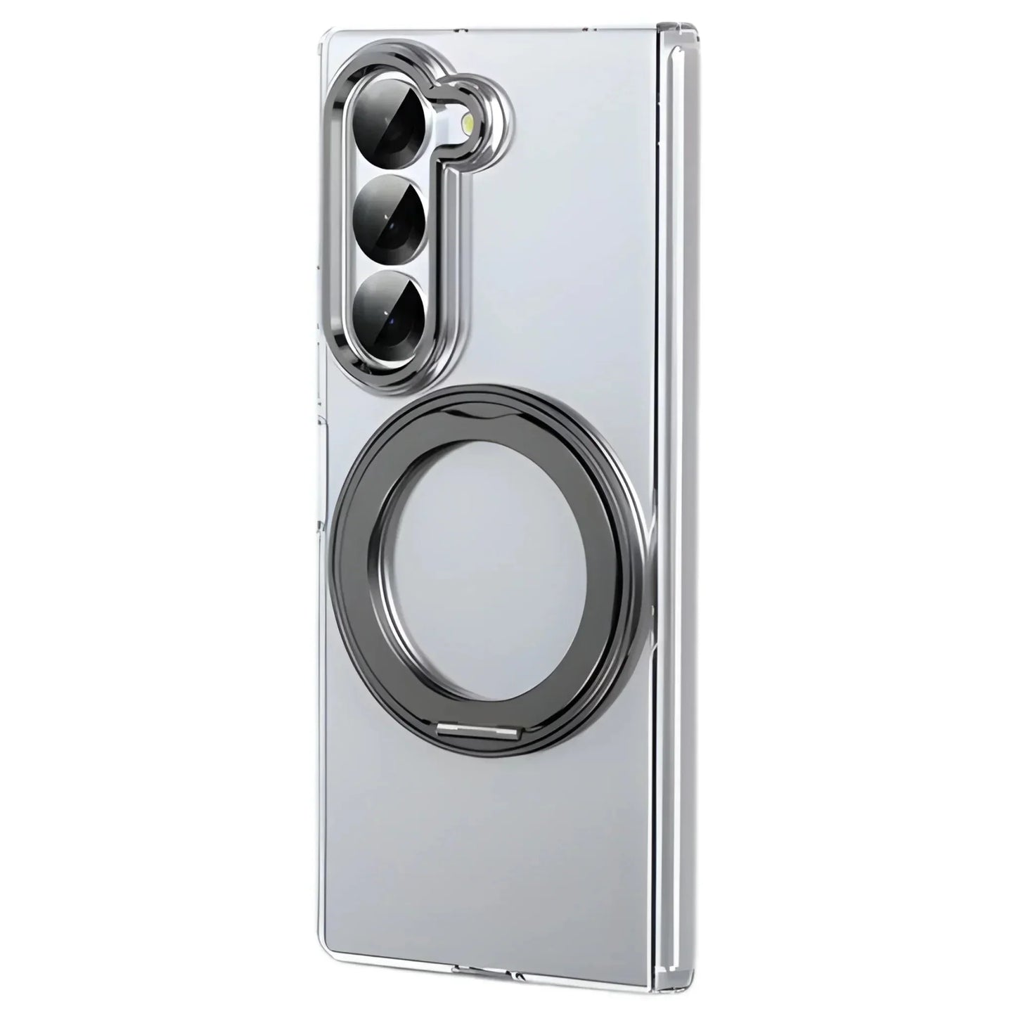 Clear foldable phone case with a black circular grip ring and triple camera cutout for Samsung Z Fold