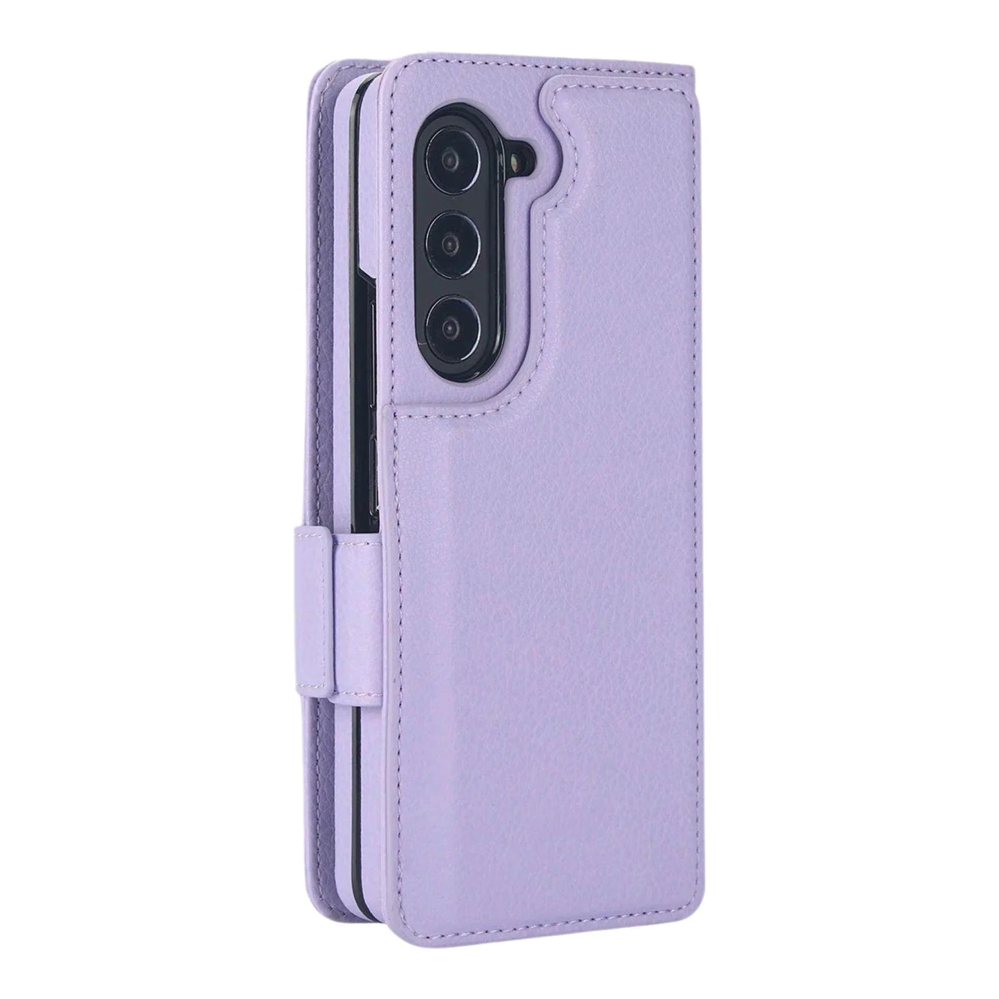 Purple phone case with card slots on a white background