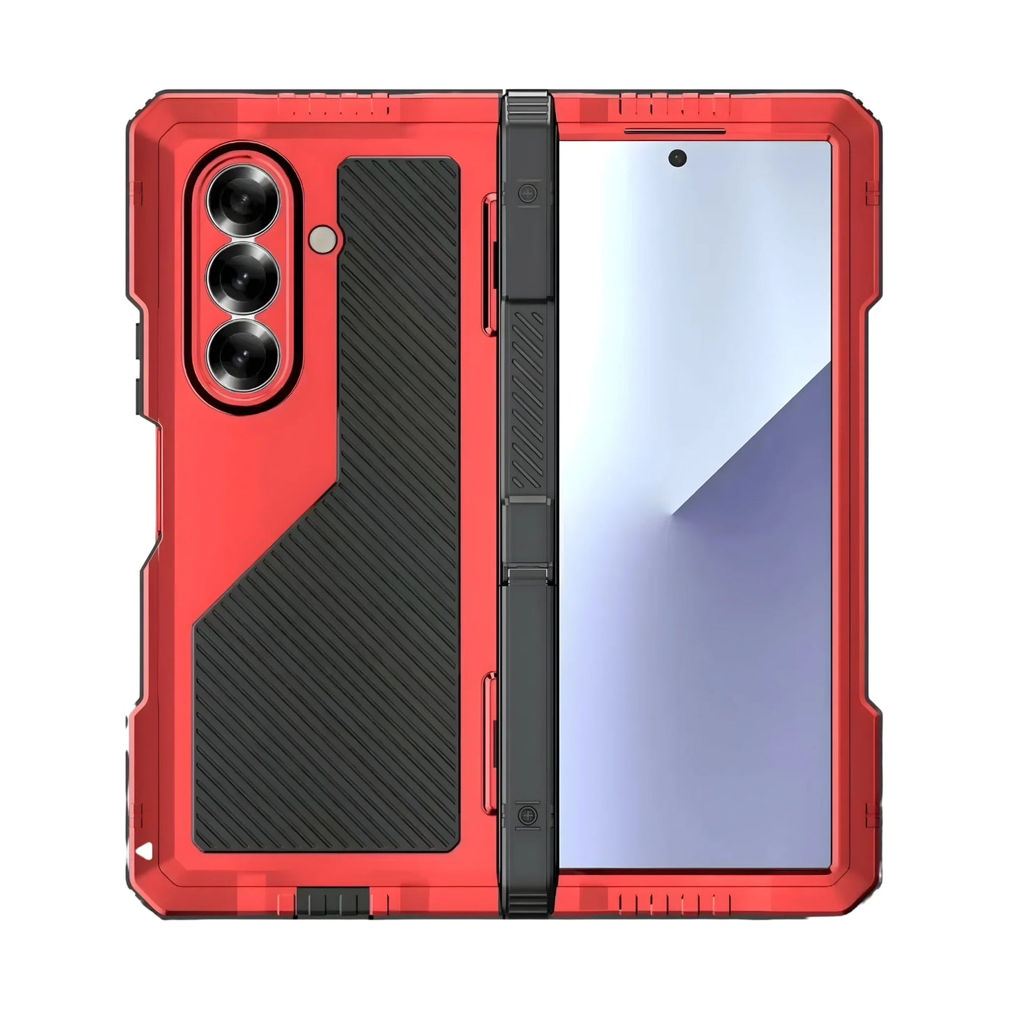 Red and black phone case with carbon fiber texture on a white background