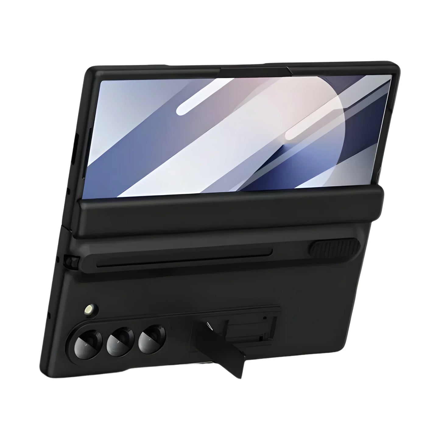 Black tablet case with screen protector on a white background