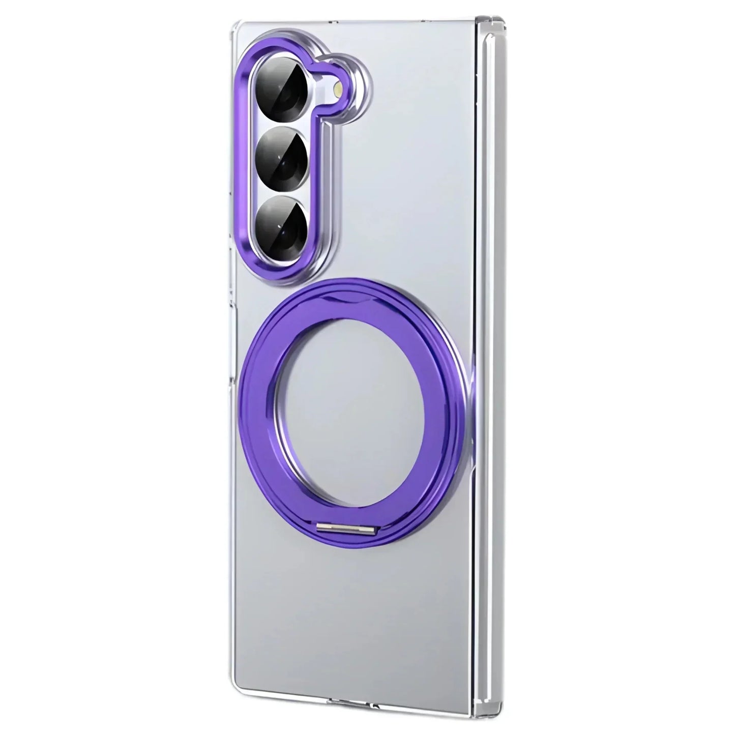 Transparent foldable phone case with purple reinforced edges and camera cutout for Samsung Z Fold
