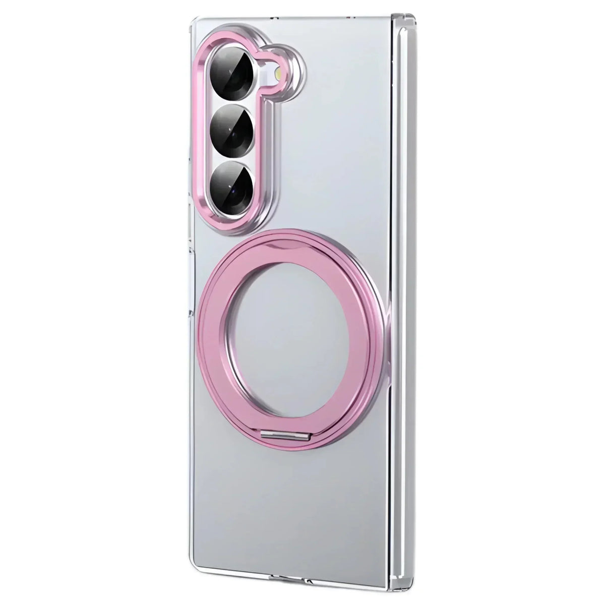 Clear foldable phone case with pink camera ring and circular grip for Samsung Z Fold