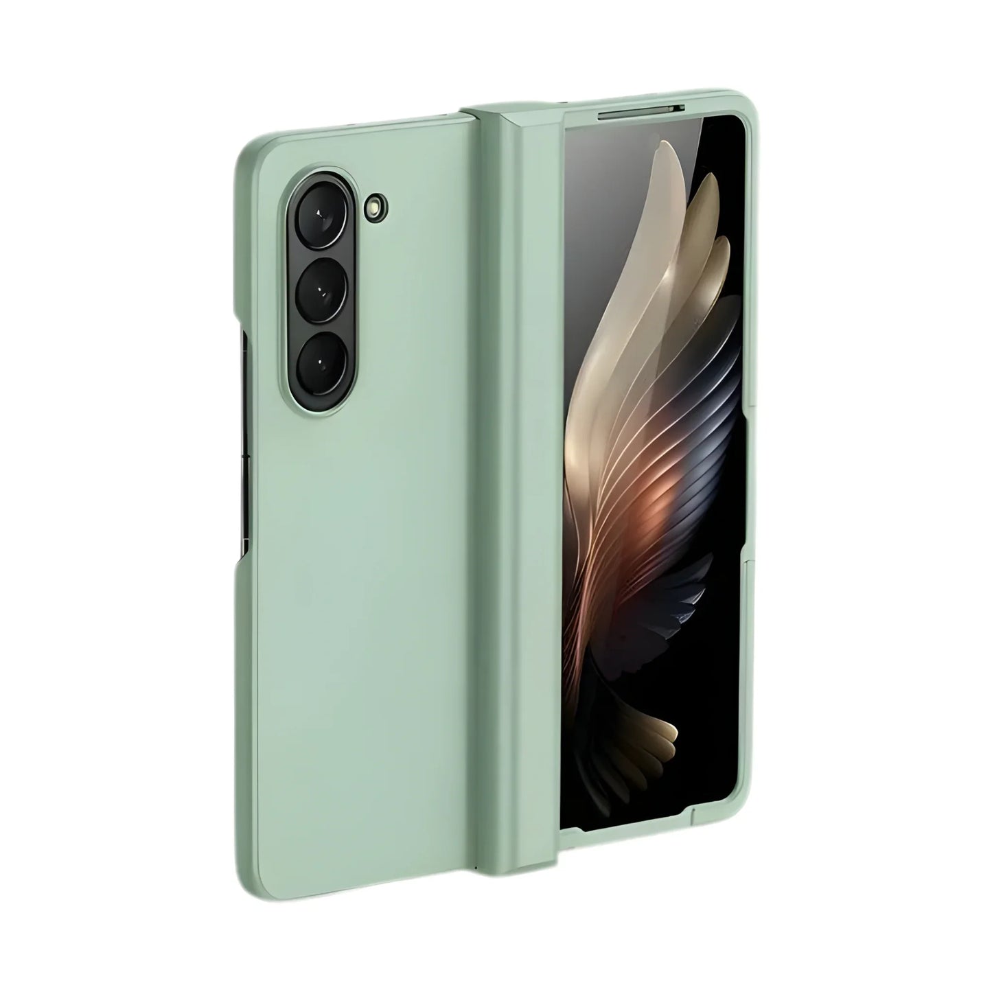 Green phone case with a smartphone inside on a white background