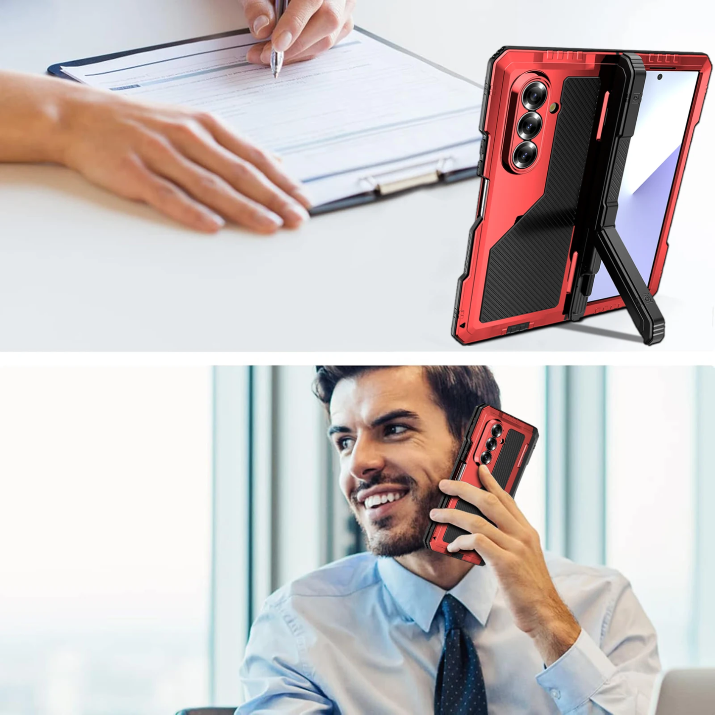 Red and black phone case with a person taking notes and another person using the phone.