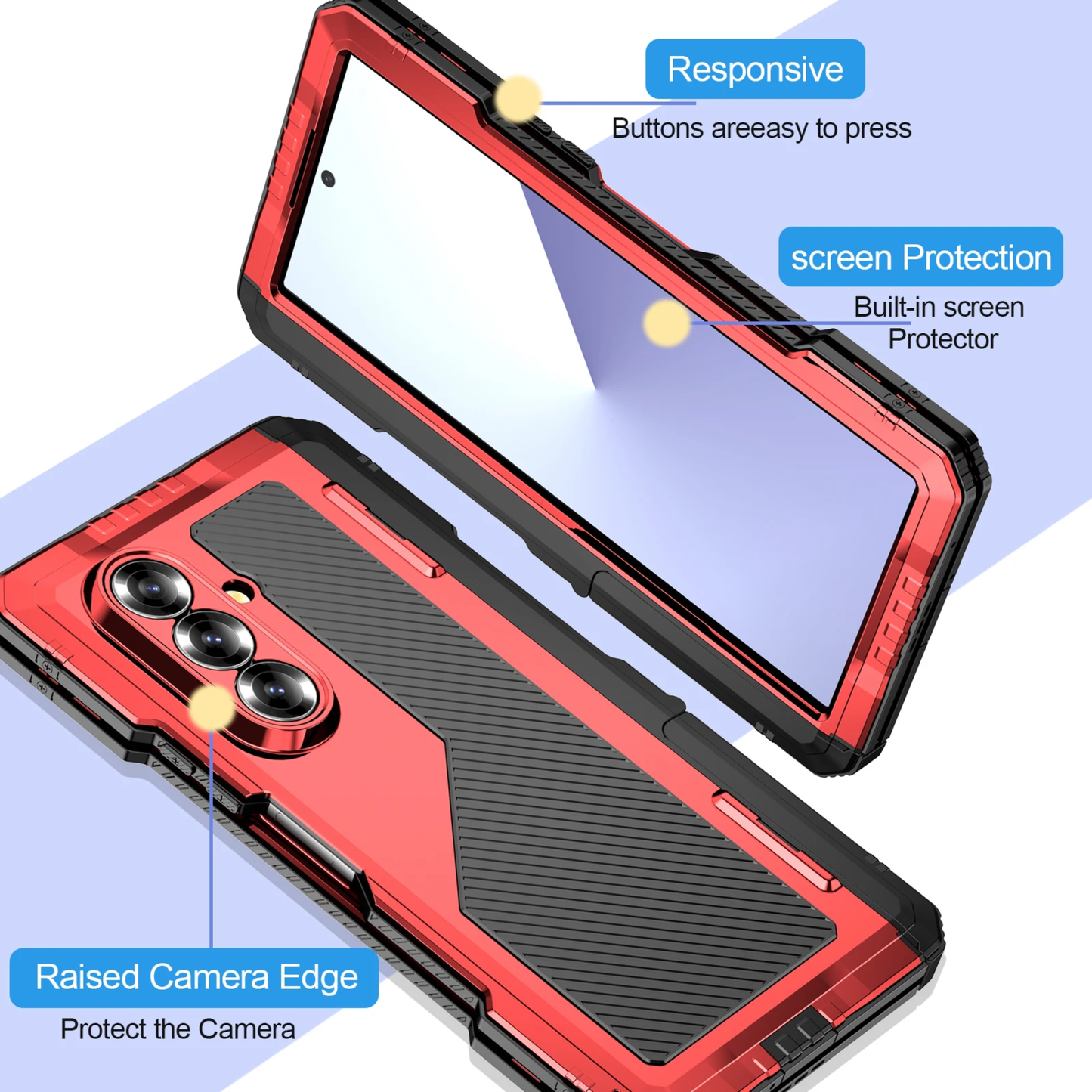 Red phone case with screen protector and camera protection features on a light blue background