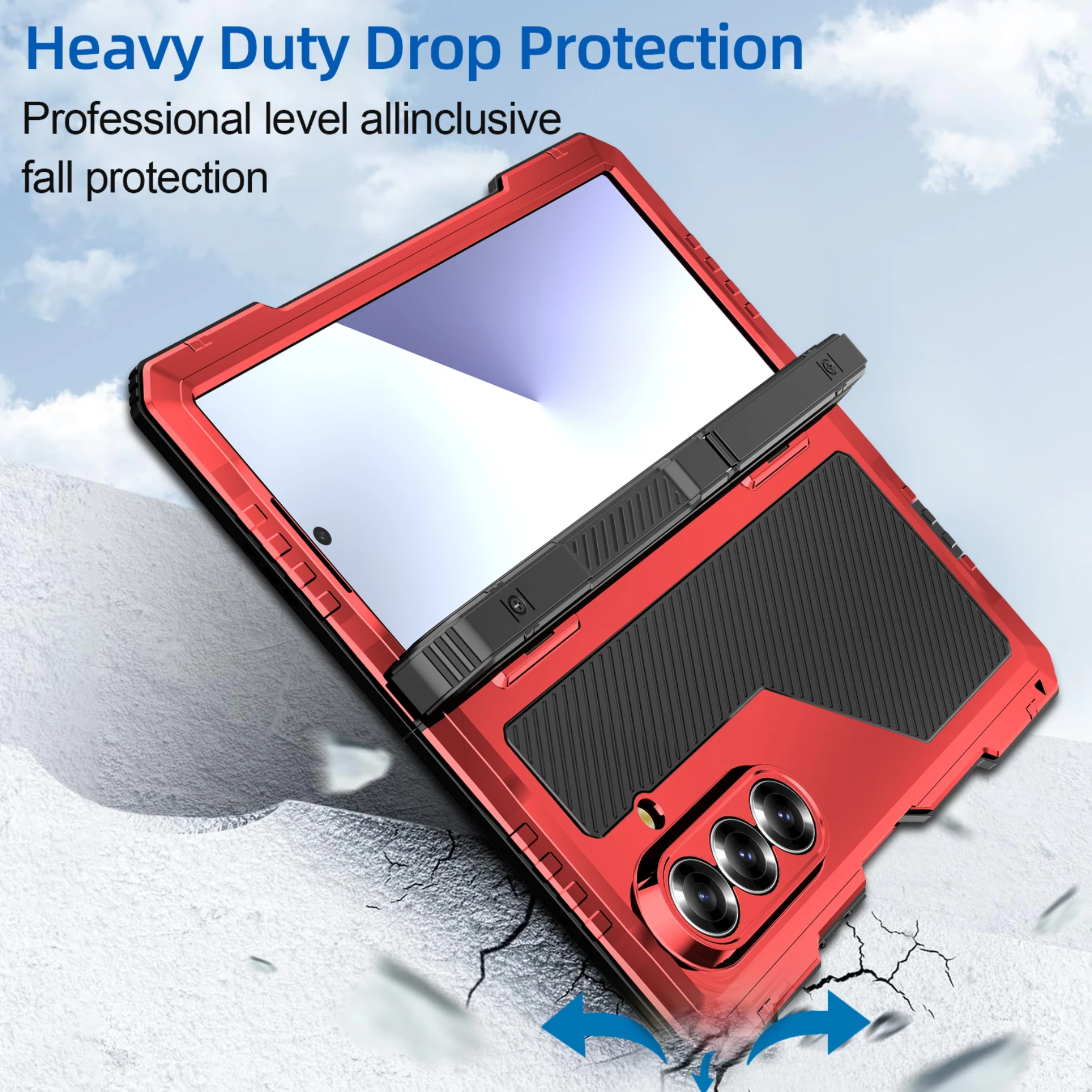 Red and black rugged phone case with 'Heavy Duty Drop Protection' text on a snowy background
