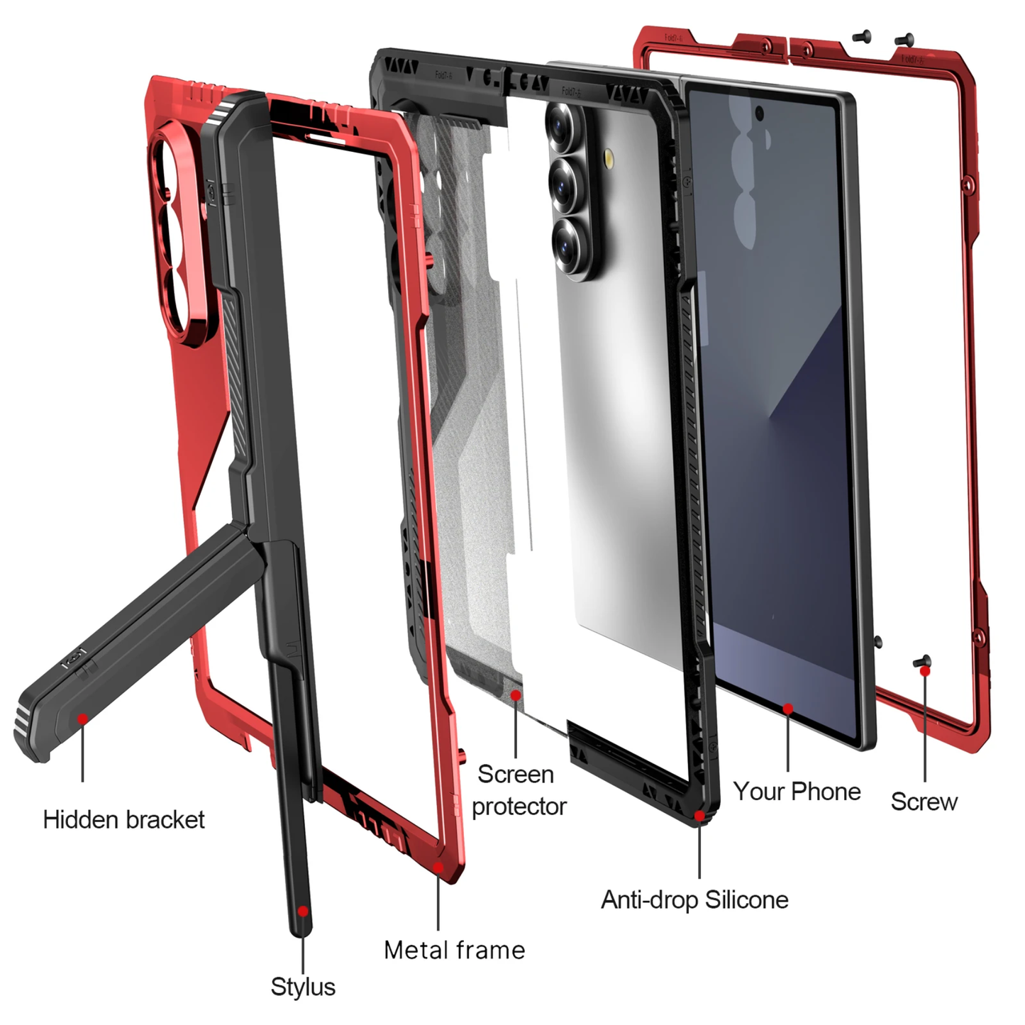Phone case with labeled components on a white background