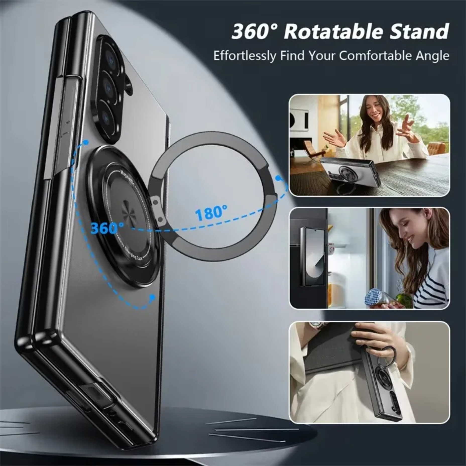 360-degree rotatable stand with smartphone and people using it in various scenarios on a gray background.