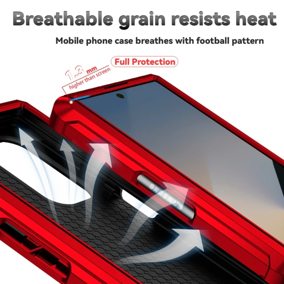 Red phone case with text about breathability and protection on a white background