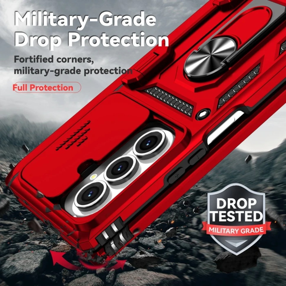 Red phone case with military-grade drop protection features on a rocky background
