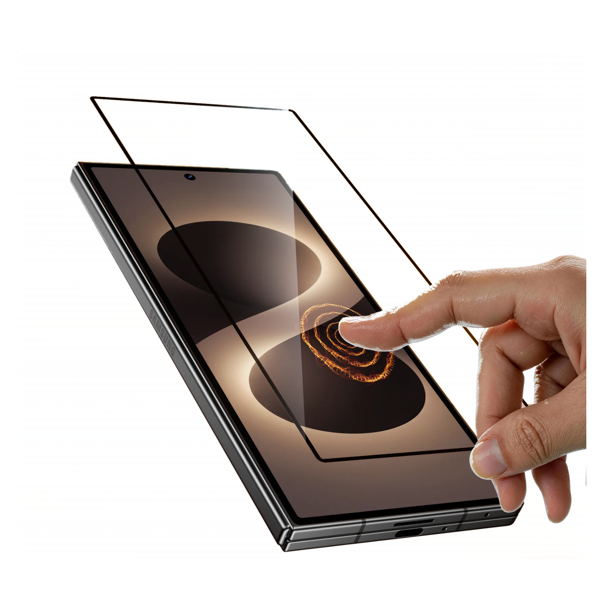 Finger pressing on the Ion Glass tempered screen protector with the touch registering instantly on the Galaxy Z Fold cover display beneath