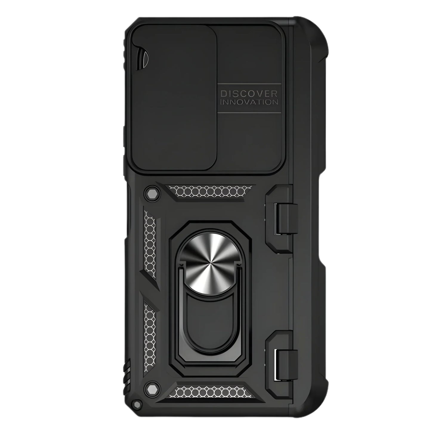 Black phone case with a metallic ring holder on a white background