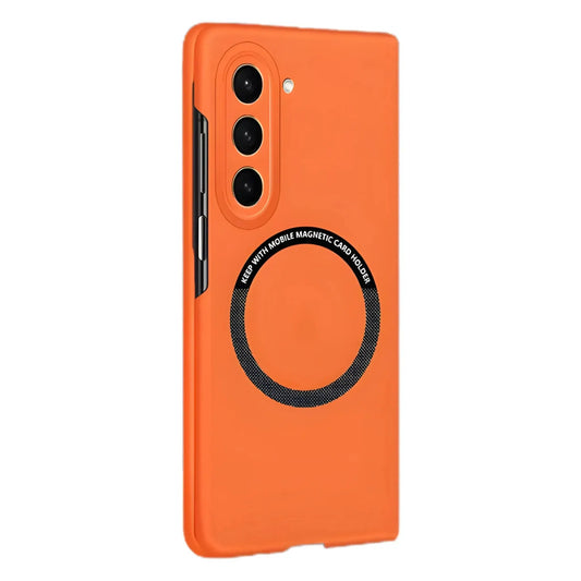 Orange smartphone case with triple camera cutout and magnetic card holder circle design