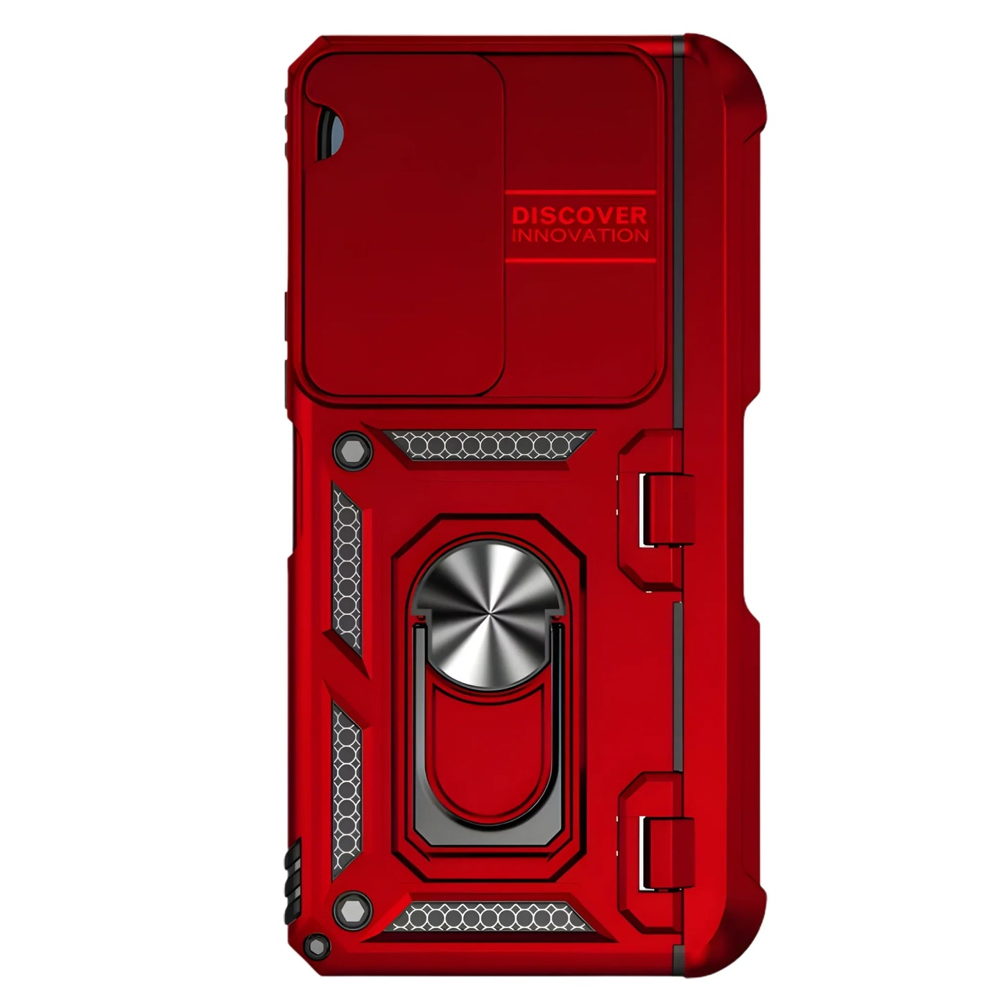 Red phone case with a metallic ring holder on a white background