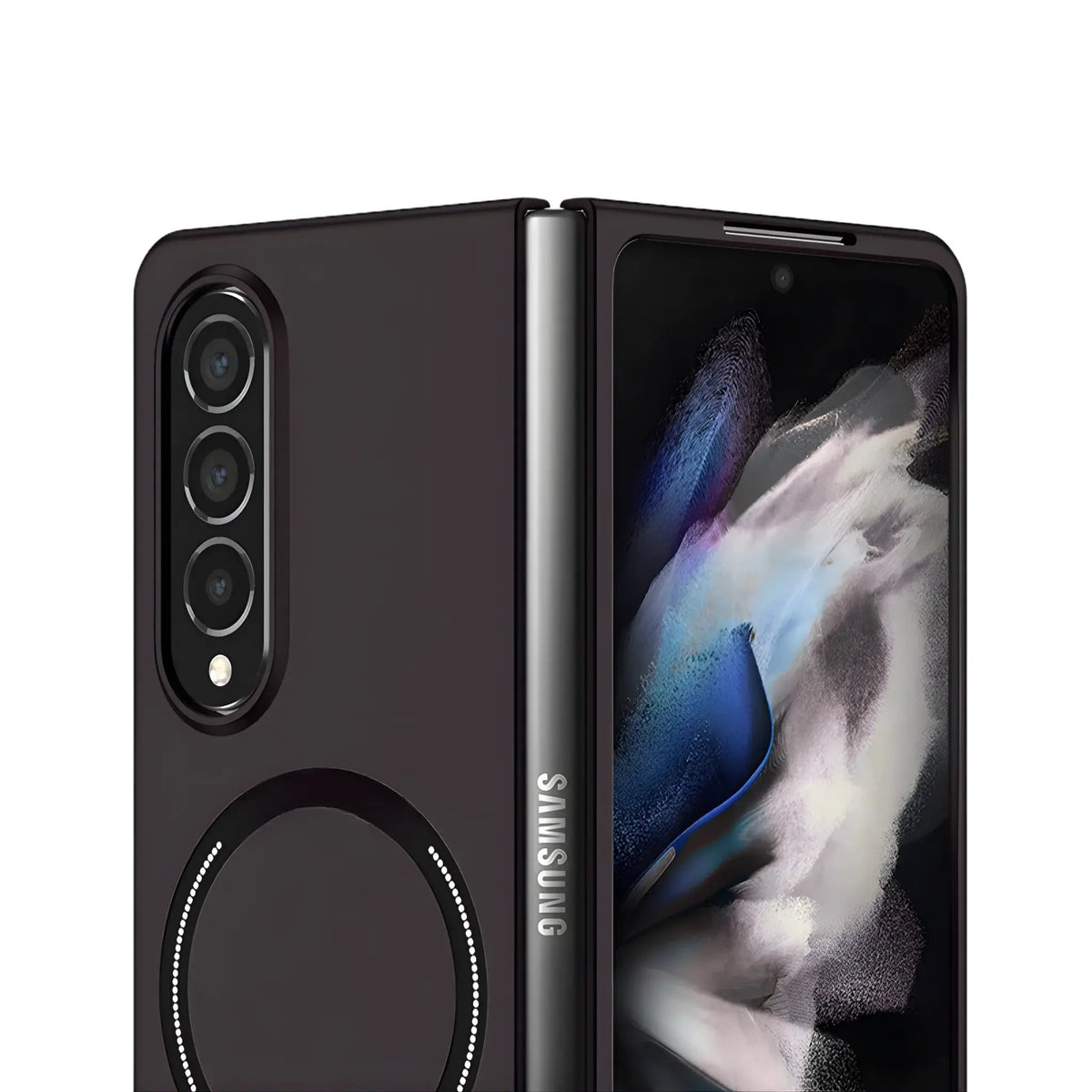 Samsung foldable smartphone partially open with triple rear cameras and textured black case