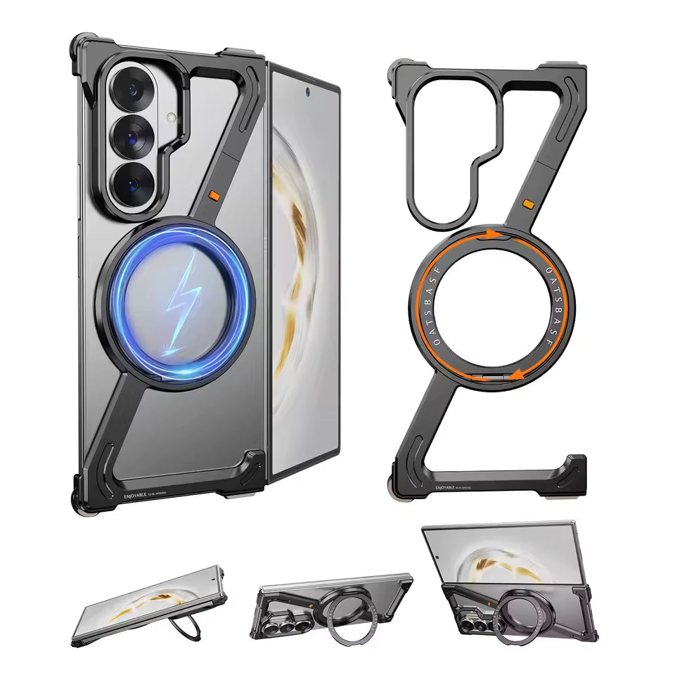 Phone case with ring holder and multiple angles on a white background