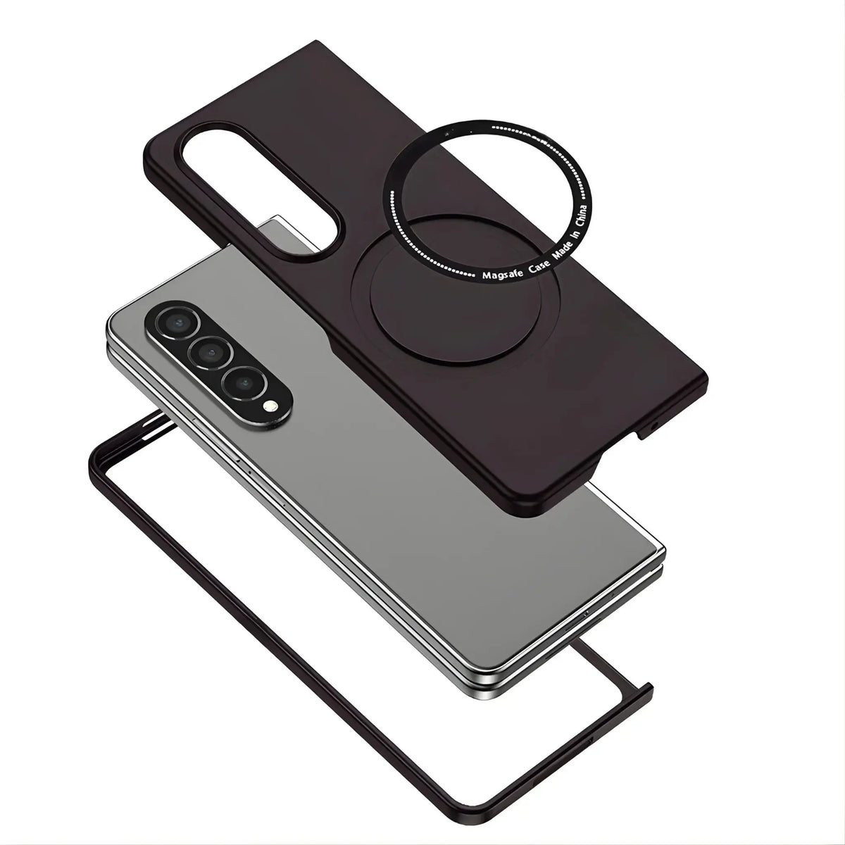Exploded view of a foldable smartphone with triple rear cameras and a black MagSafe compatible protective case