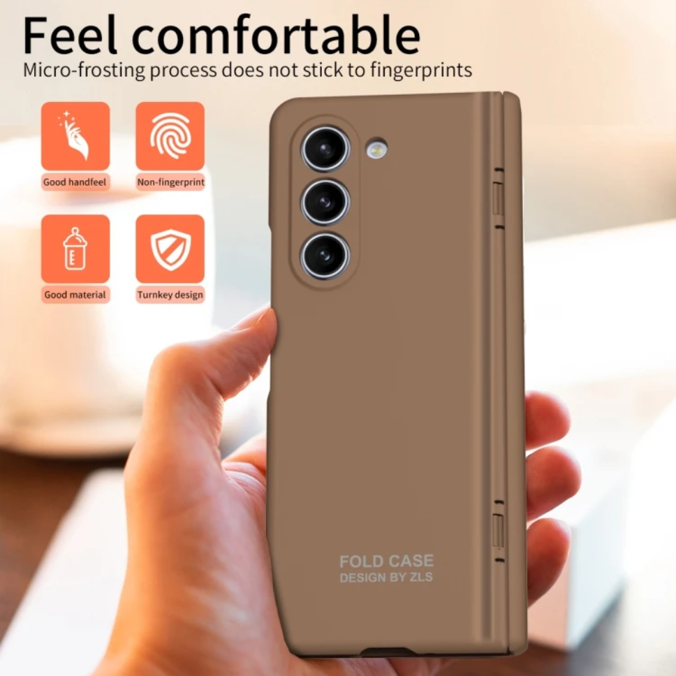 Brown phone case held by a hand with product features highlighted