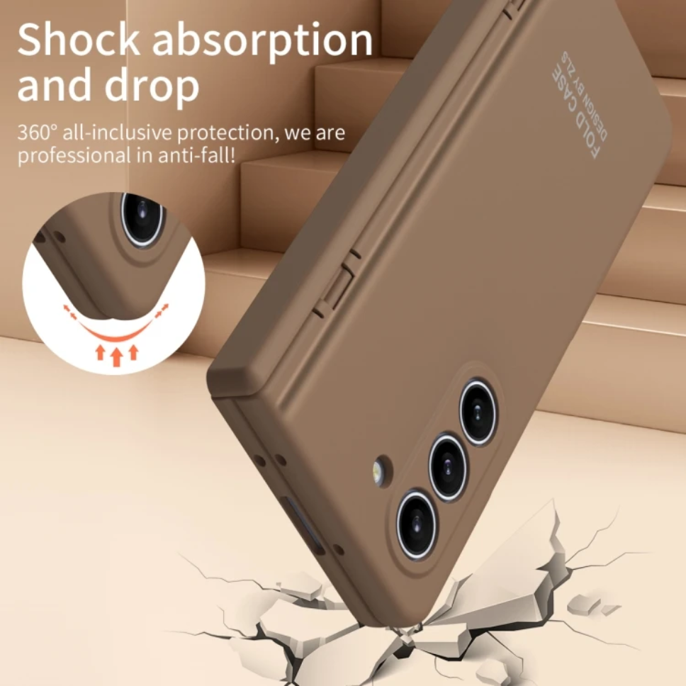 Brown phone case with shock absorption and drop protection features on a beige background.
