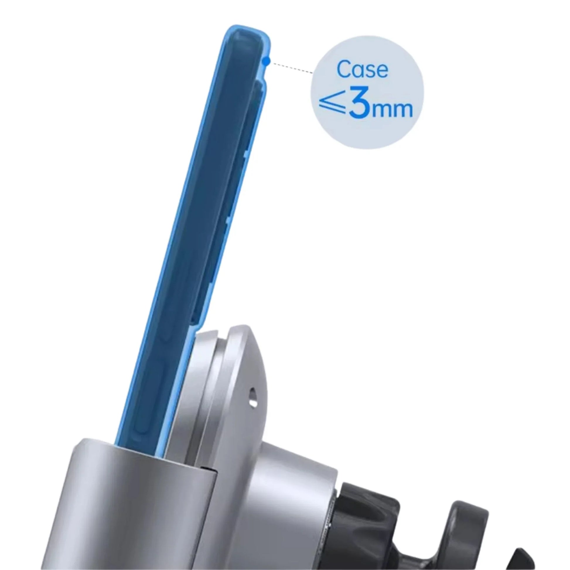 Blue smartphone in a silver clamp holder with label indicating phone case thickness up to 3mm