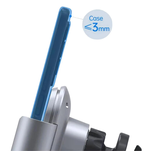 Blue smartphone in a silver clamp holder with label indicating phone case thickness up to 3mm