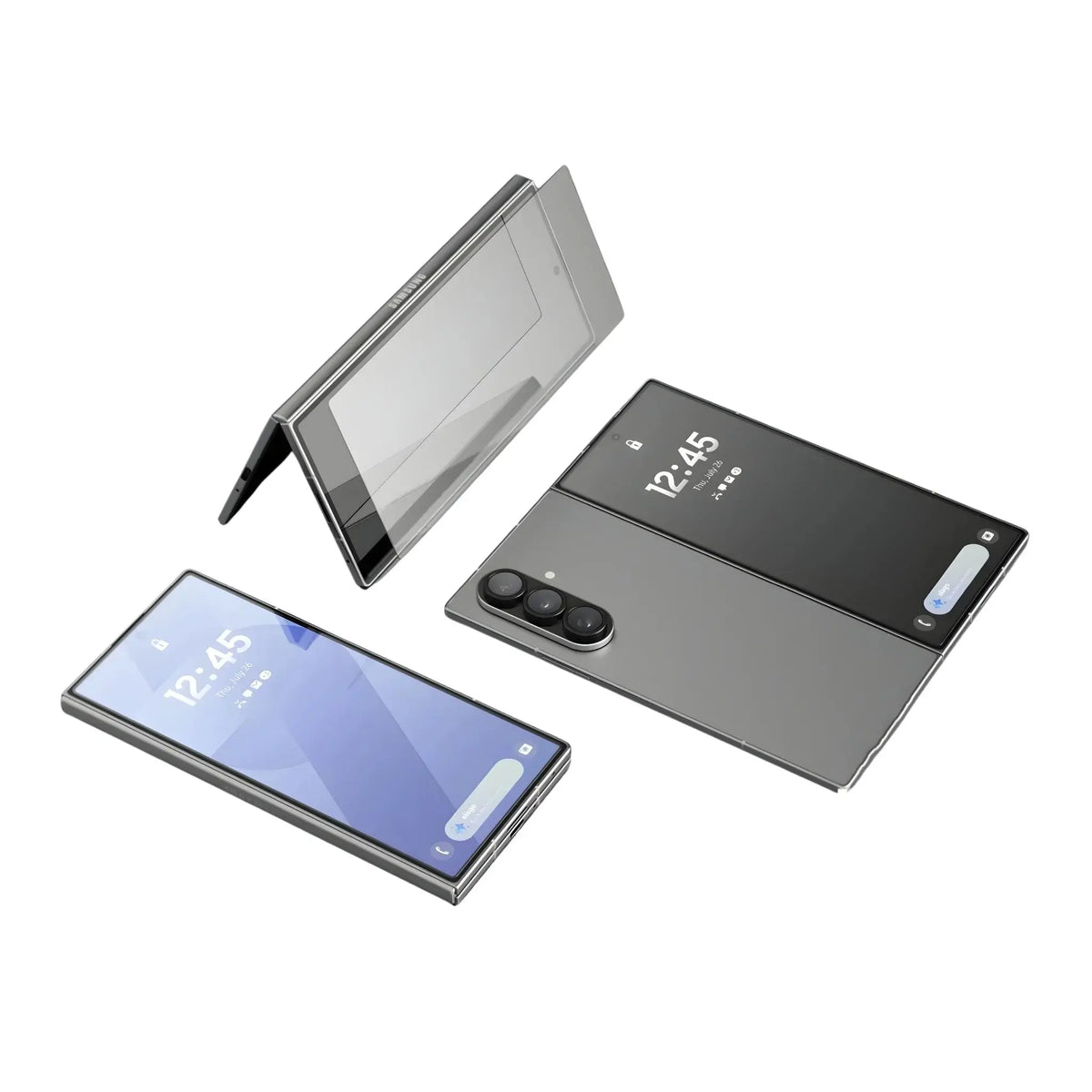 Samsung Galaxy Z Fold4 smartphone in various angles showing foldable screen and rear triple camera